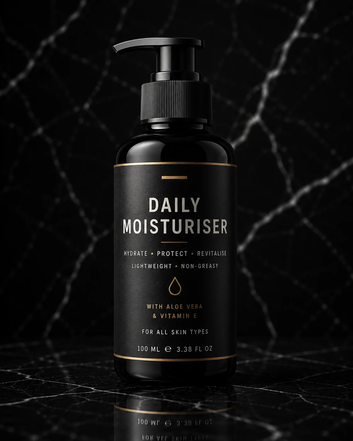 Pump bottle labelled Daily Moisturiser in the fictional BLACKLINE shop.