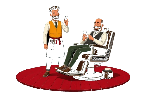 Client in the barber chair on their phone — easy booking in a few taps