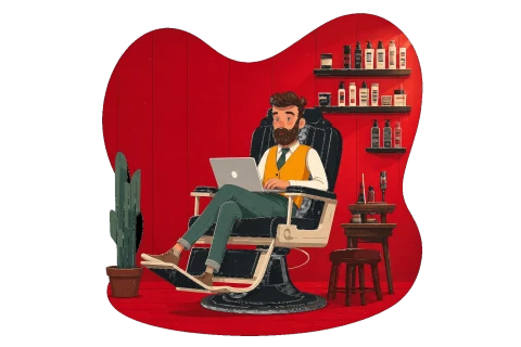 Barber in the chair on his laptop — running his shop online from the chair