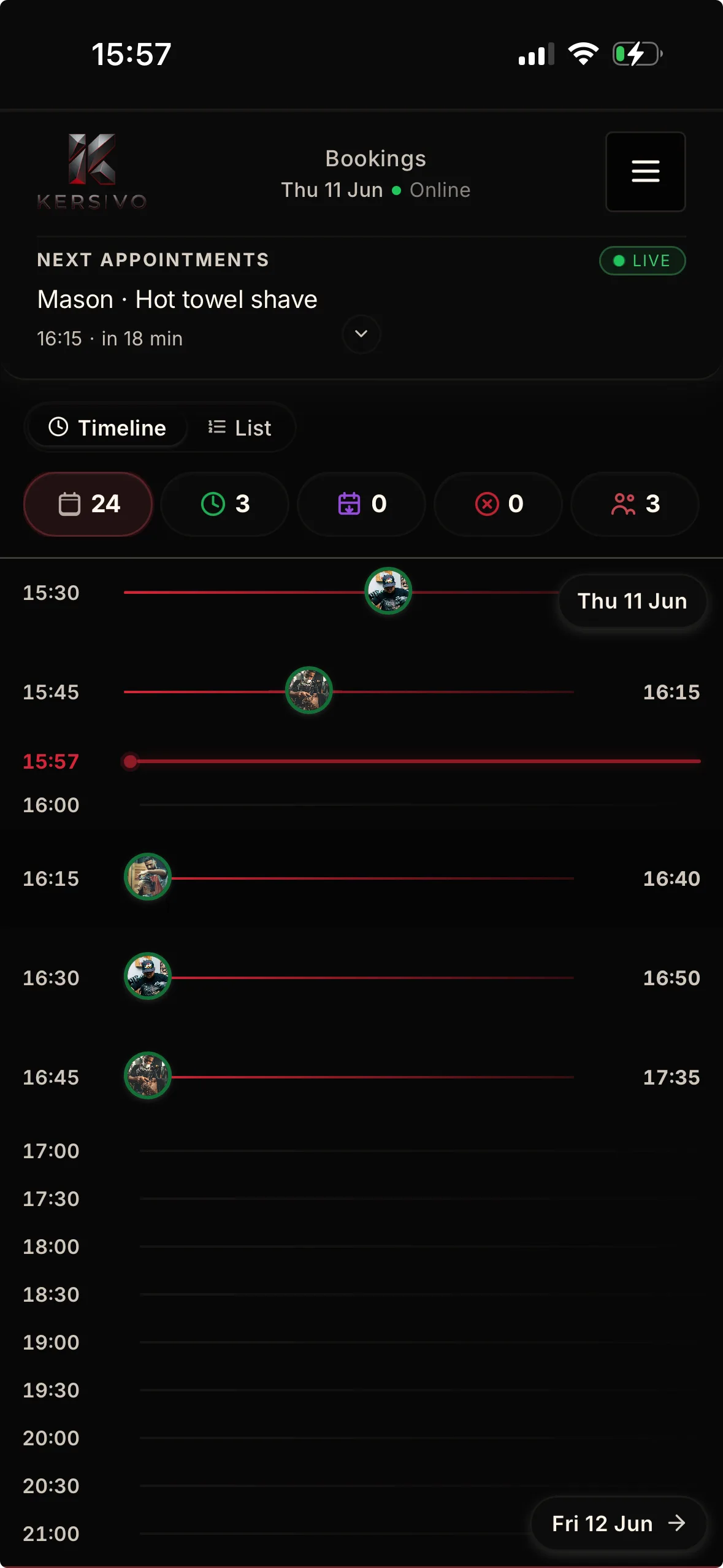 KERSIVO booking preview on an iPhone screen